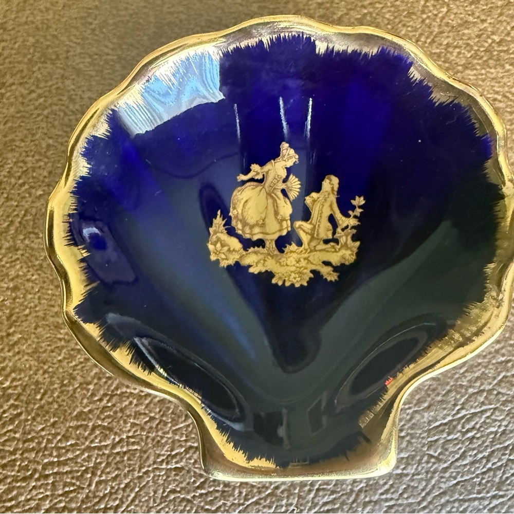Limoges Clam Shell Trinket Dish Cobalt Blue Gold Porcelain France Ring Dish